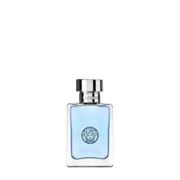 Miniature bottle of Versace Pour Homme featuring sleek light blue glass with gold accents