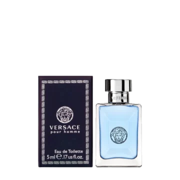 Miniature bottle of Versace Pour Homme featuring sleek light blue glass with gold accents