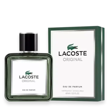 Lacoste Original Eau de Parfum bottle beside its green box, front view on white background with crocodile logo.
