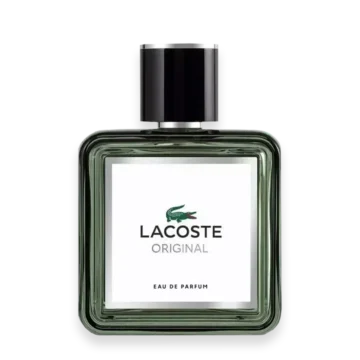 Lacoste Original perfume bottle: square green-tinted glass with a white label showing the Lacoste crocodile logo and a black cap.