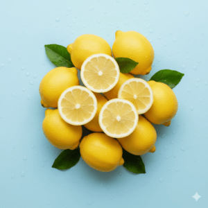 Fresh lemon fragrance inspiration featuring whole and sliced lemons with green leaves on a soft blue background.