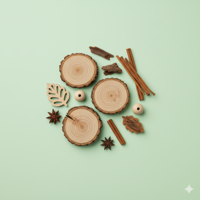 Woody Fragrances Collection Scott Beauty Shop » Scott Beauty Shop Woody fragrance elements featuring natural wood slices, cinnamon sticks, star anise, and rustic botanical accents on a soft green background.