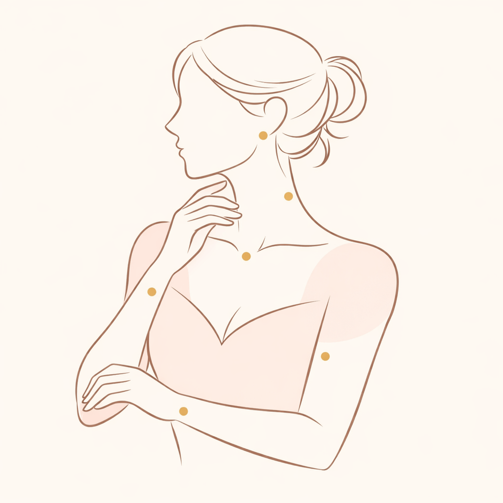 Fragrance pulse points guide — wrists, neck, behind ears, and inner elbow